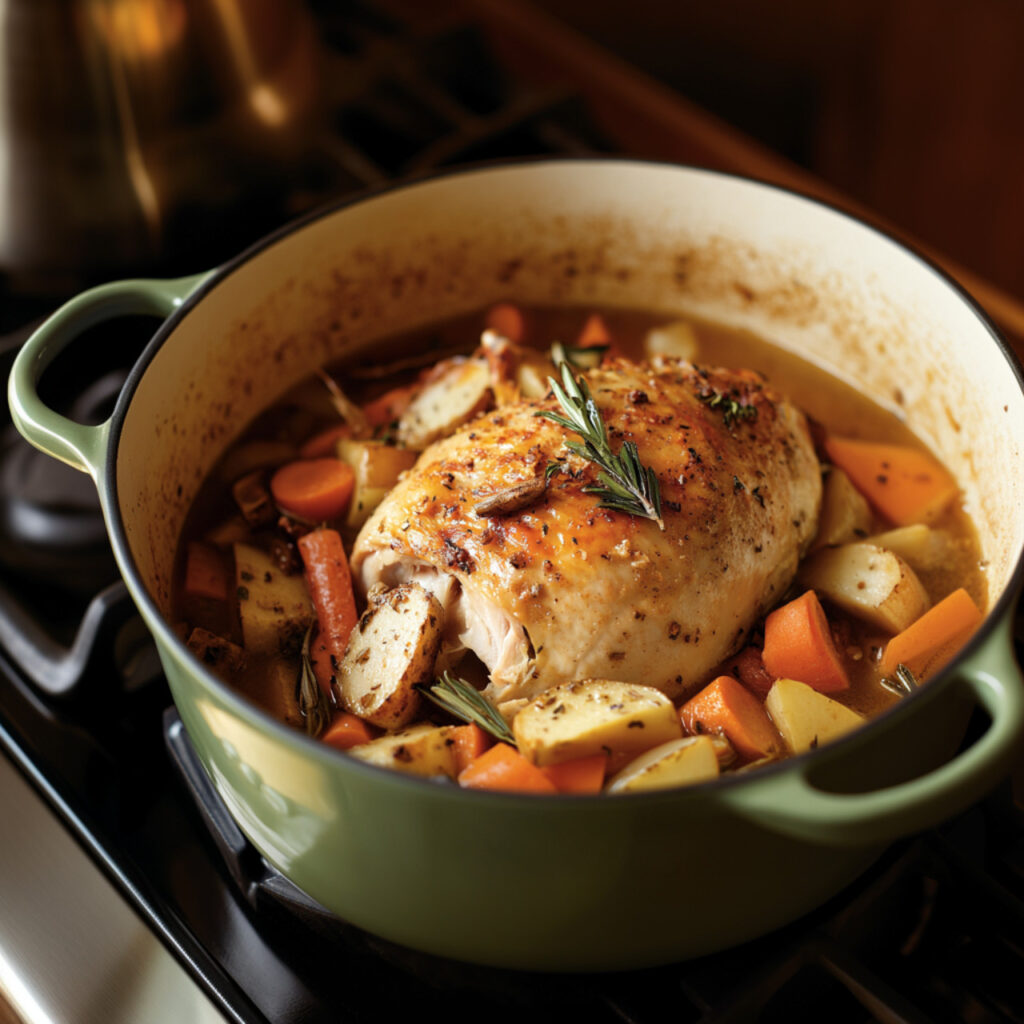 Turkey in a pot with carrots and potatoes