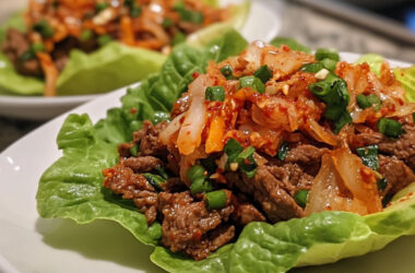 Korean Beef Lettuce Cups with Kimchi on a plate