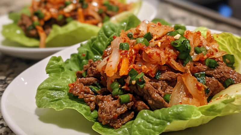 Korean Beef Lettuce Cups with Kimchi on a plate