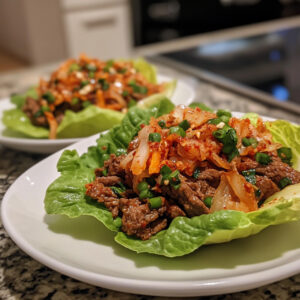 Korean Beef Lettuce Cups with Kimchi on a plate