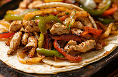 Sheetpan Chicken Fajitas on a wooden plate