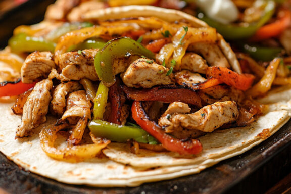 Sheetpan Chicken Fajitas on a wooden plate