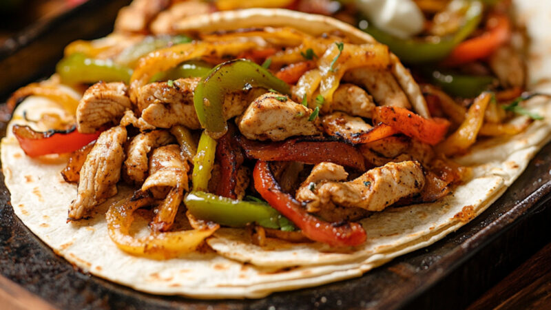 Sheetpan Chicken Fajitas on a wooden plate