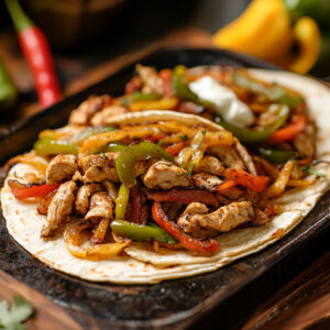 Sheetpan Chicken Fajitas on a wooden plate