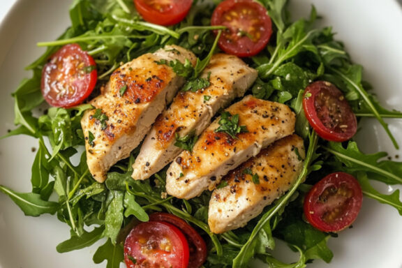 Chicken Paillard & Arugula Salad on a plate