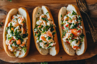 lobster rolls with vegetables on a wooden serving plate