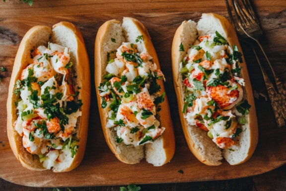lobster rolls with vegetables on a wooden serving plate