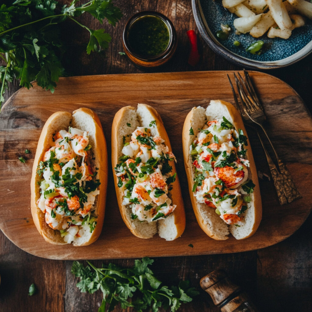 lobster rolls with vegetables on a wooden serving plate