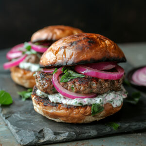 Lamb burgers with red onions on a stone plate