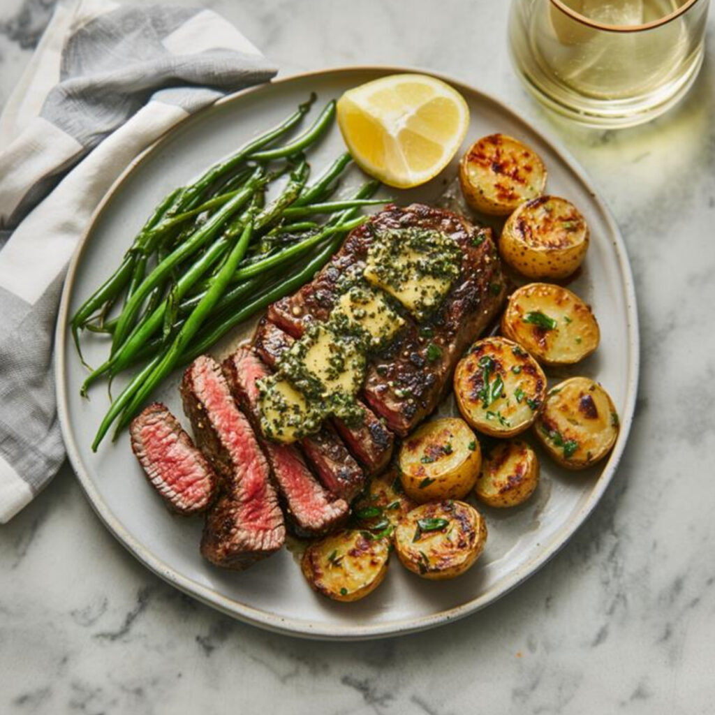 NY Strip Steak with Herb Compound Butter on a plate