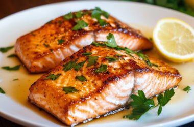 Pan Seared Salmon with lemon on a plate