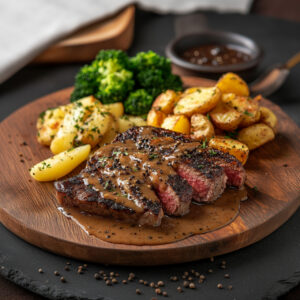 Ribeye with Black Peppercorn Sauce on a wooden plate