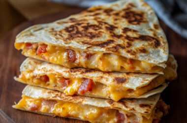 Bacon Cheddar Breakfast Quesadilla on a wooden plate