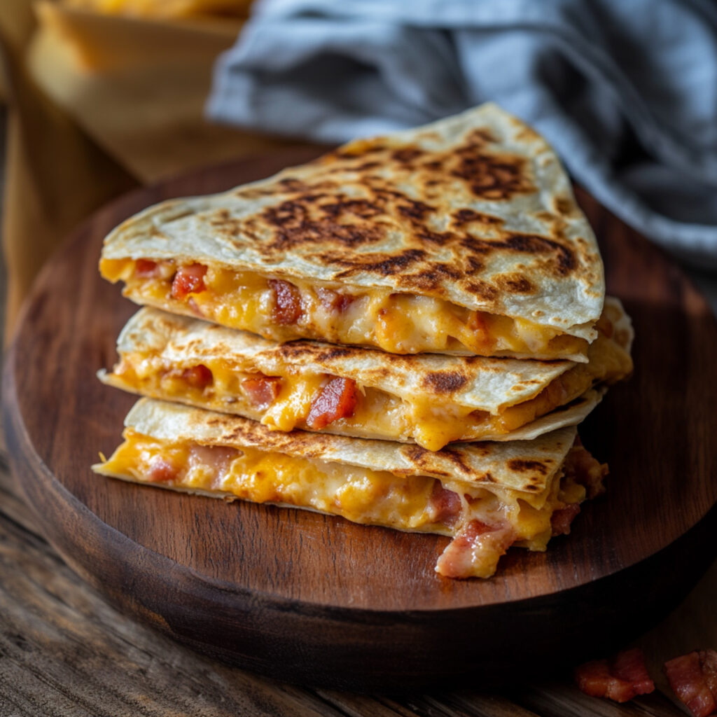 Bacon Cheddar Breakfast Quesadilla on a wood plate
