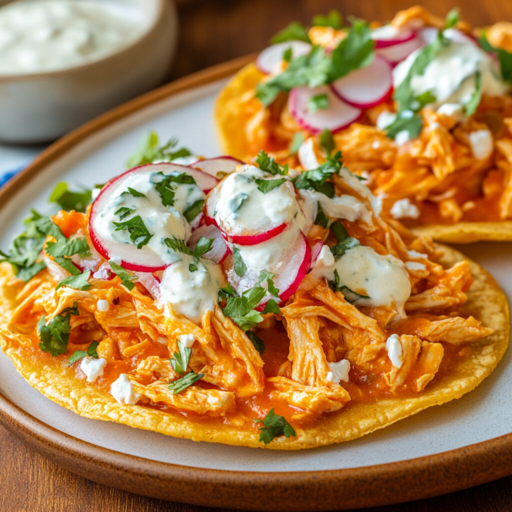 Buffalo Chicken Tostadas on a plate