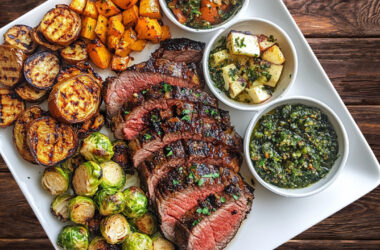 Ribeye steak with 3 side dishes and brussel sprouts