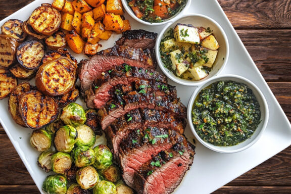 Ribeye steak with 3 side dishes and brussel sprouts
