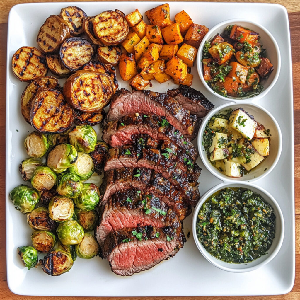 Ribeye steak with 3 side dishes and brussel sprouts