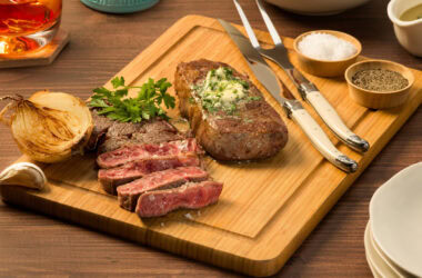 top sirlion steak in a chopping board