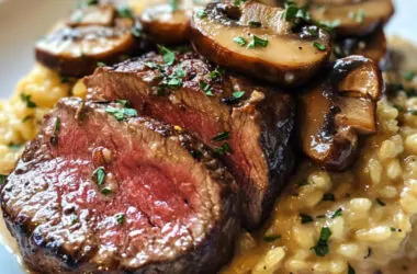 filet mignon mushroom risotto on a plate