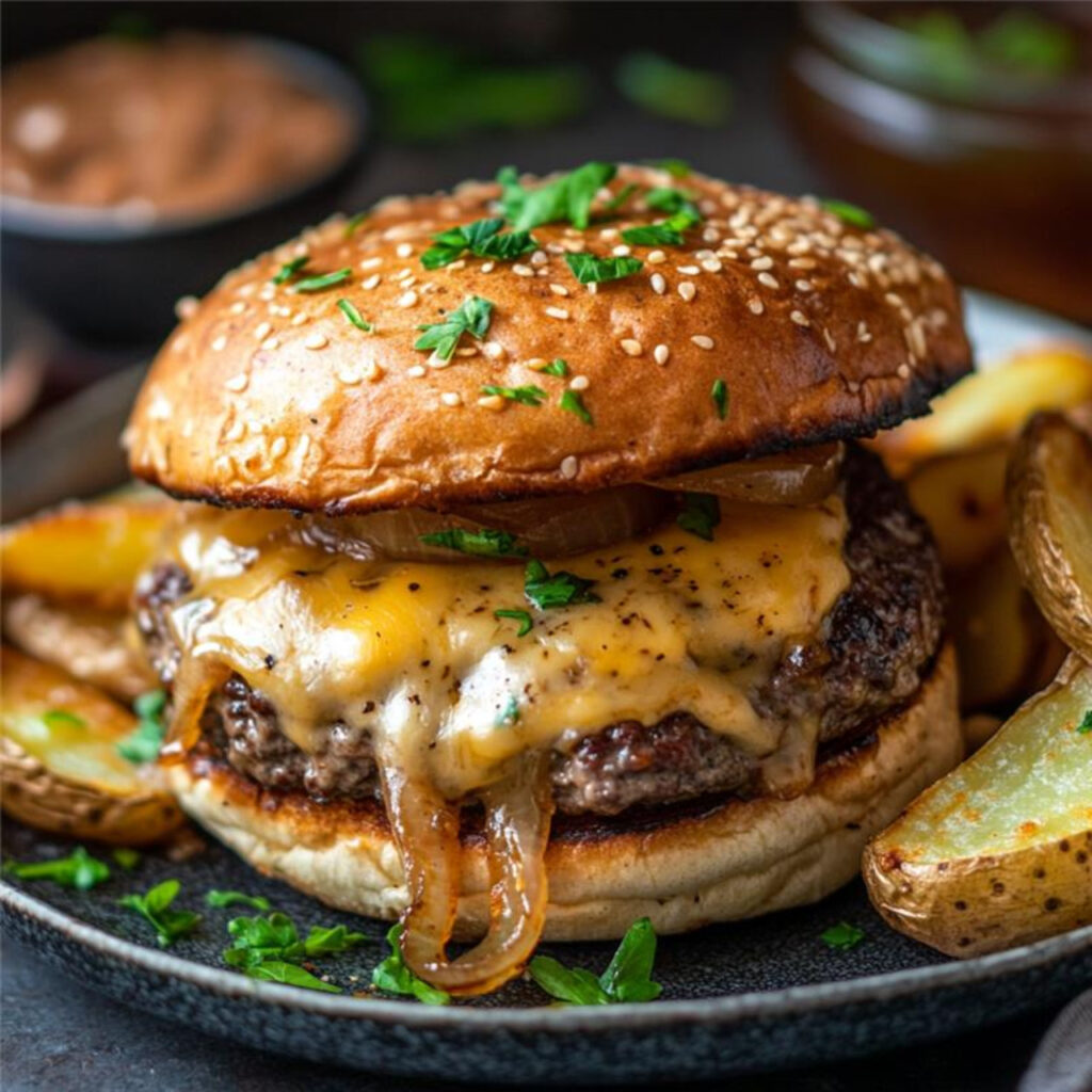 plated BBQ Cheeseburger with potatoes at the side