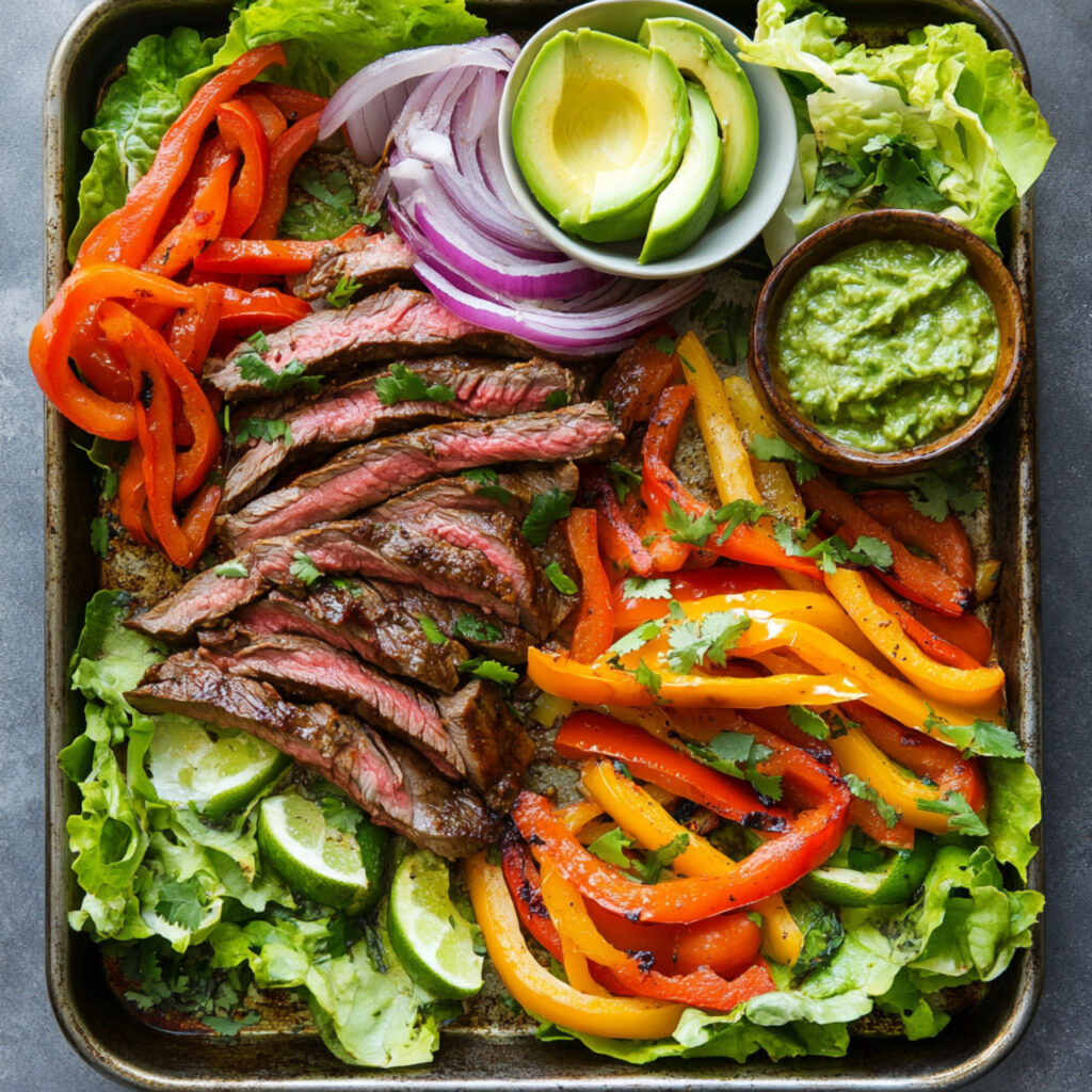 Flank steak on a platter with veggies