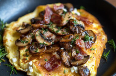 French Rolled Omelet with Wild Mushrooms and Bacon in a pan