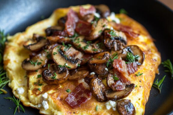 French Rolled Omelet with Wild Mushrooms and Bacon in a pan