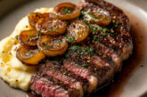 Ribeye Steak with Potato Puree and Cipollini Onion Marmalade in a plate