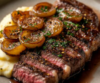 Grain Finished Ribeye Steak with Potato Puree and Cipollini Onion Marmalade