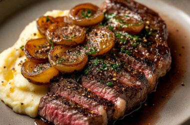 Ribeye Steak with Potato Puree and Cipollini Onion Marmalade in a plate