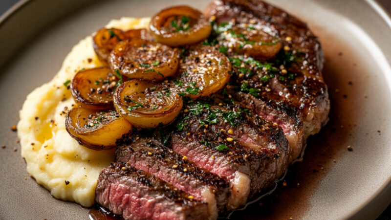 Ribeye Steak with Potato Puree and Cipollini Onion Marmalade in a plate