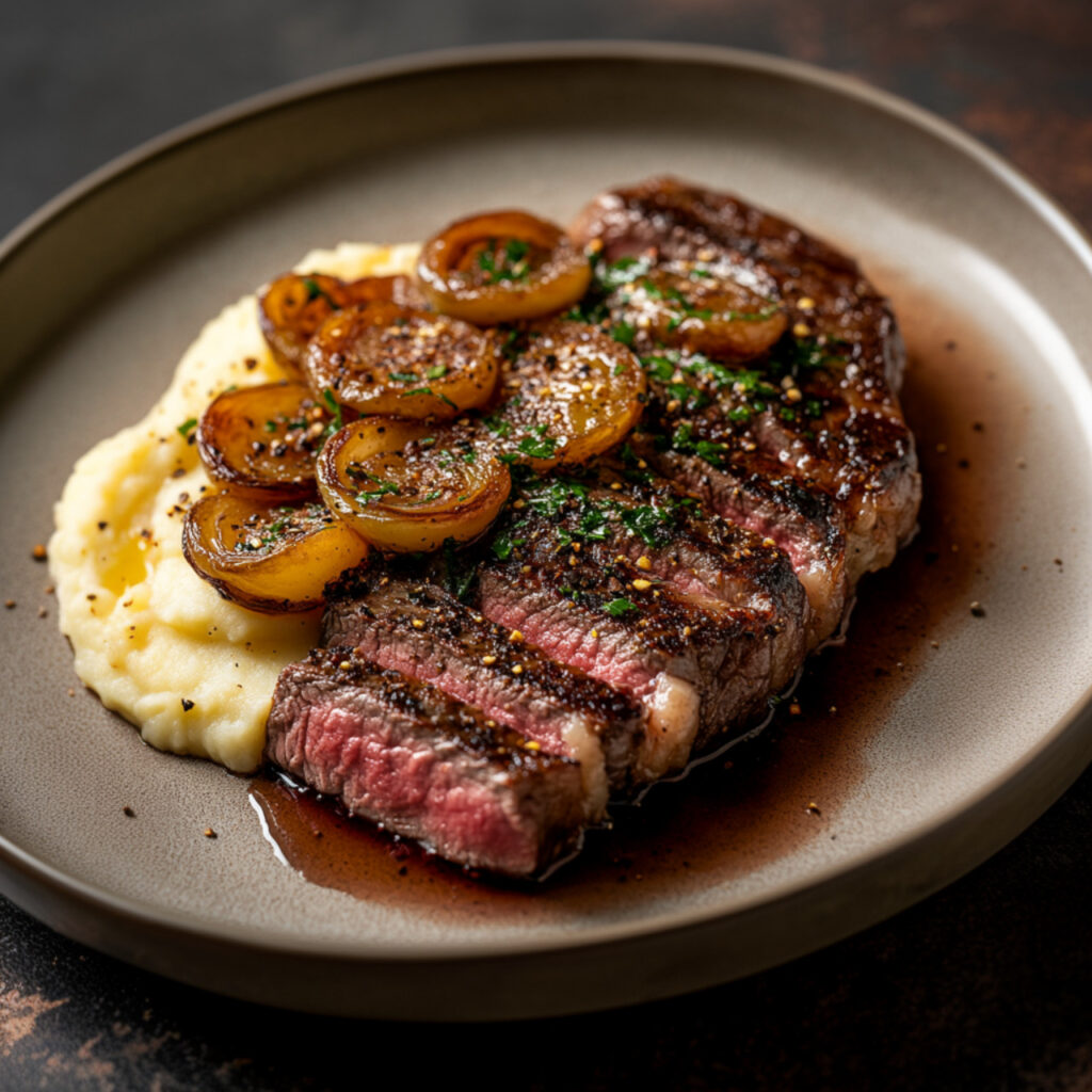 Ribeye Steak with Potato Puree and Cipollini Onion Marmalade in a plate