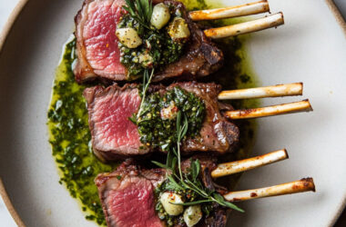 Holiday Rack of Lamb with Herb Oil on a plate