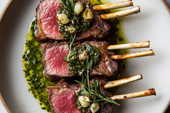 Holiday Rack of Lamb with Herb Oil on a plate