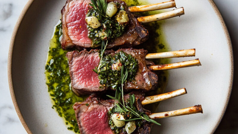 Holiday Rack of Lamb with Herb Oil on a plate