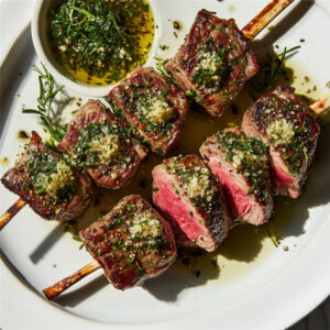 Holiday Rack of Lamb with Herb Oil on a plate