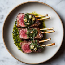 Holiday Rack of Lamb with Herb Oil on a plate