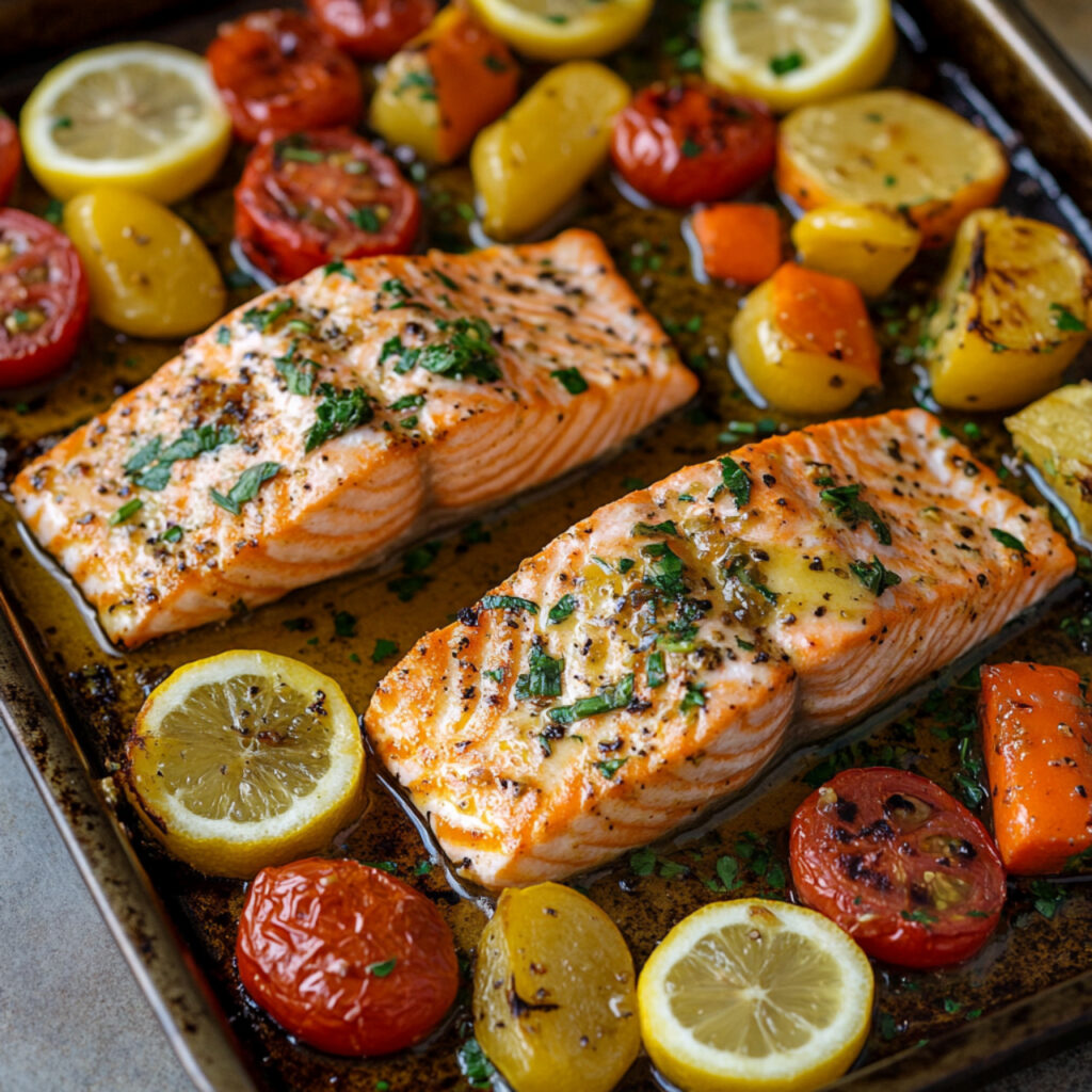 baked salmon in a baking pan sheet with vegetables