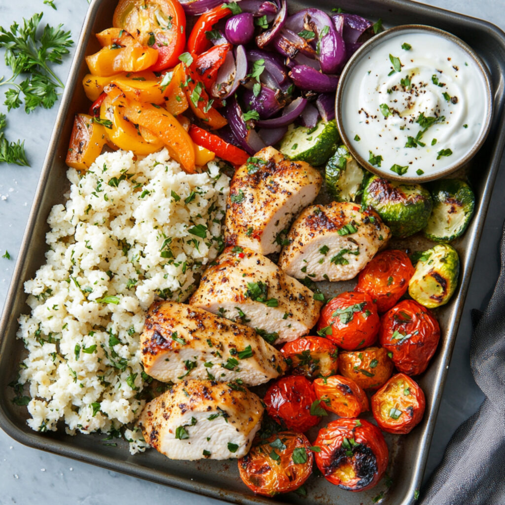 chicken with rice and vegetables in a baking sheet