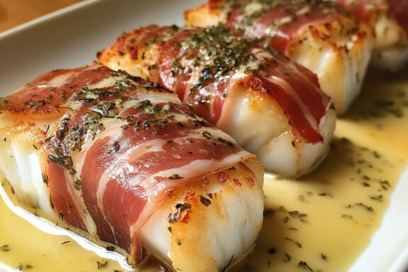 Prosciutto-Wrapped Cod with Herbed Cream on a serving plate