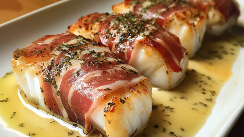 Prosciutto-Wrapped Cod with Herbed Cream on a serving plate