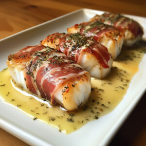 Prosciutto-Wrapped Cod with Herbed Cream on a serving plate