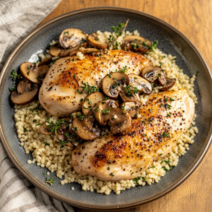 Roasted Chicken breast with mushroom on a plate