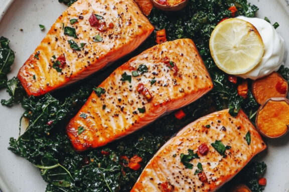 Salmon with Sautéed Garlic Kale and Roasted Sweet Potato on a plate