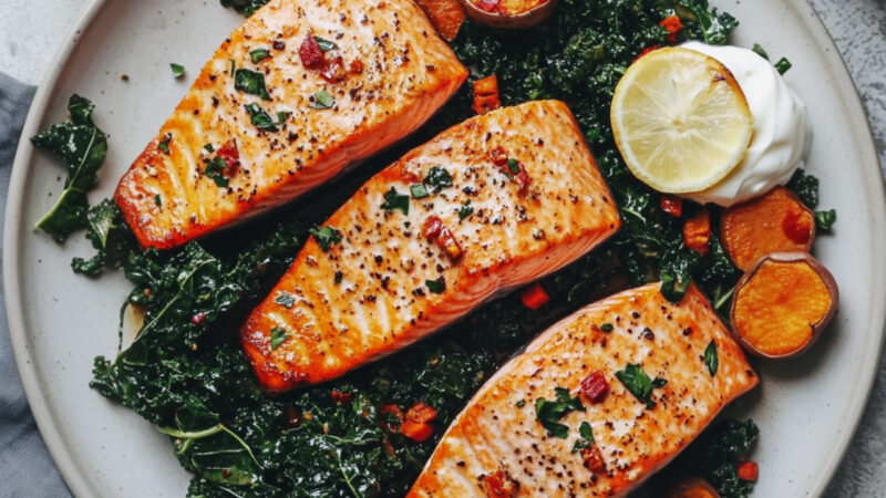 Salmon with Sautéed Garlic Kale and Roasted Sweet Potato on a plate