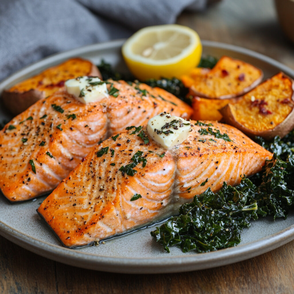 Salmon with Sautéed Garlic Kale and Roasted Sweet Potato on a plate