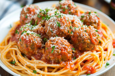 spaghetti and meatballs on a plate