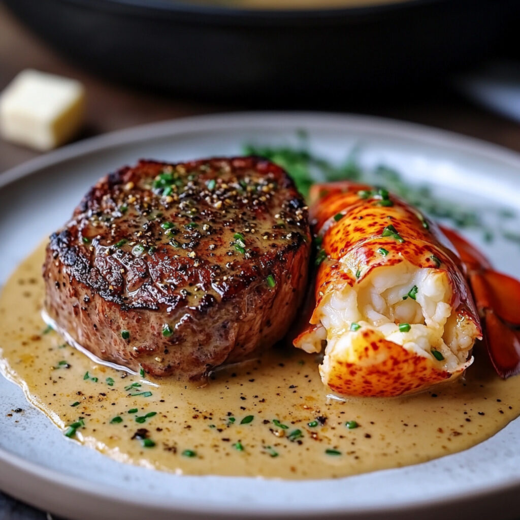 Pan-Seared Filet Mignon and Lobster on a plate