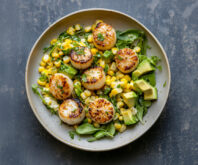 Butter-Basted Scallops with Sweet Corn & Creamy Avocado Salad